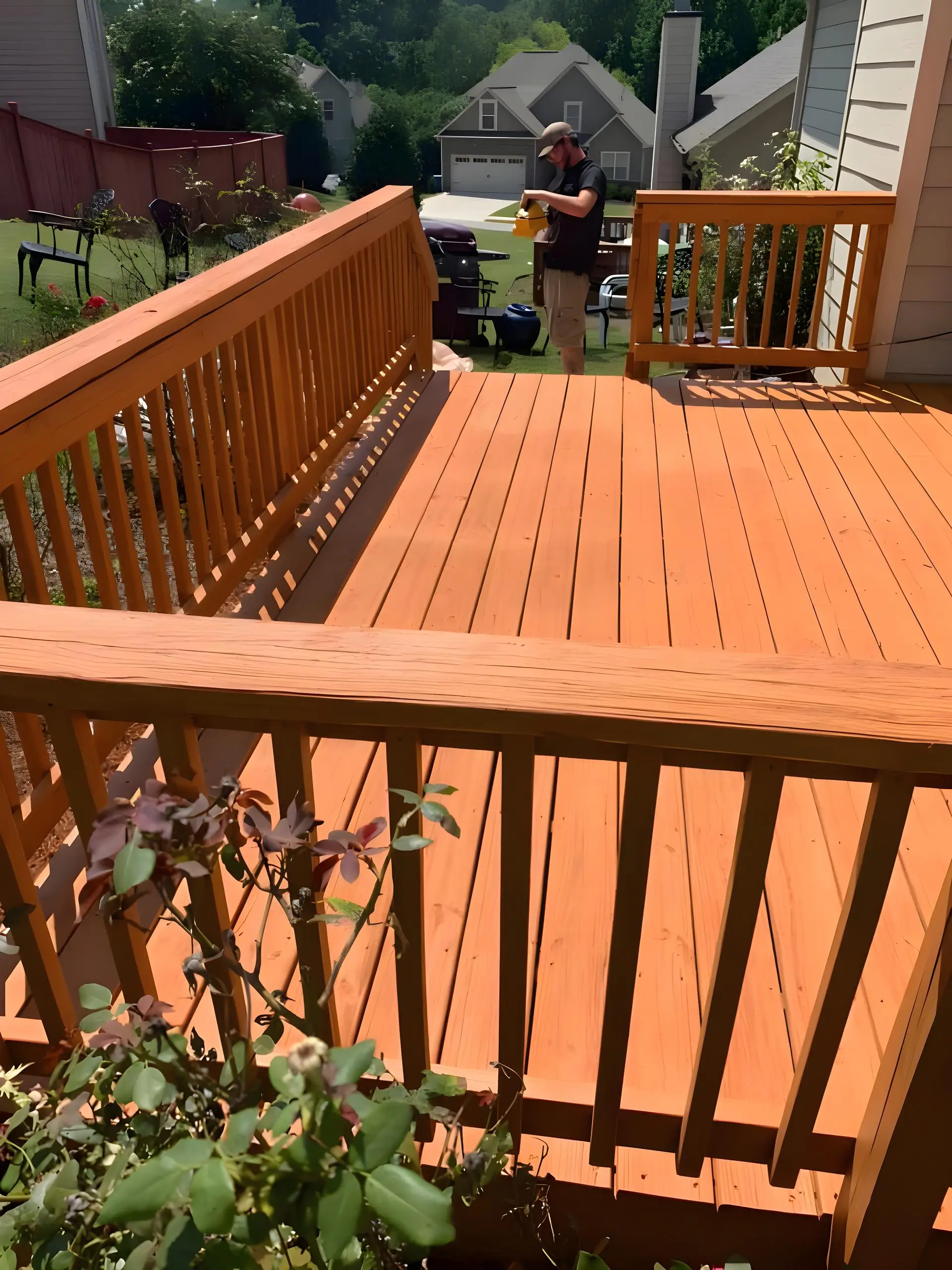 Deck and rails freshly stained a deep orange-brown, crew member working in the yard beyond